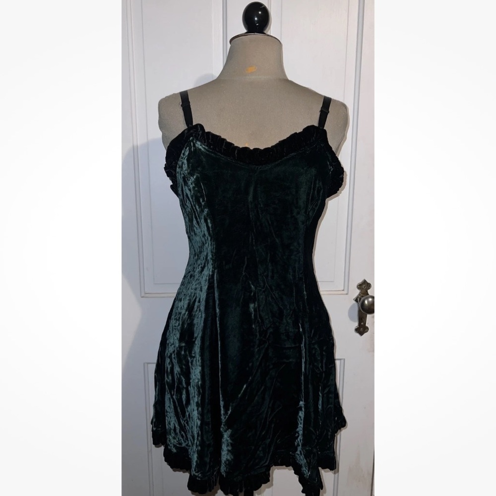 Vintage 90’s Betsey Johnson Luxe Label Crushed Velvet Dark Green Mini Dress M L